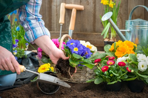 Eco-friendly garden maintenance practices in a temple